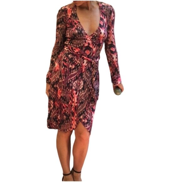 Marciano‎ Long Sleeve Wrap Dress Vibrant Abstract Print Large - Picture 2 of 7